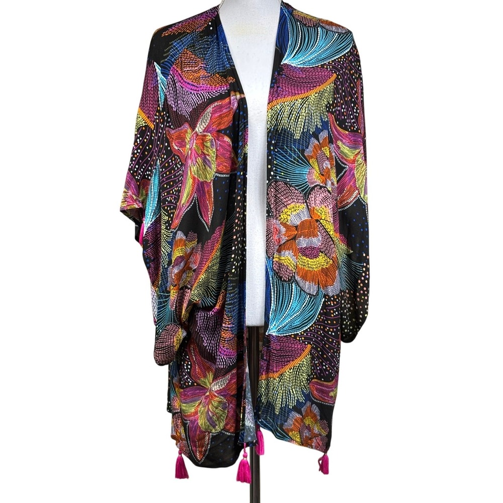La Blanca Tropical Floral Kimono Cover Up Tassel Hem Black One Size OS